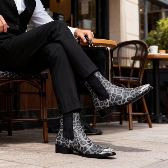 Men’s White Chelsea Pointed Metal Toe Leopard Print Ankle Street Style Boots main image 4